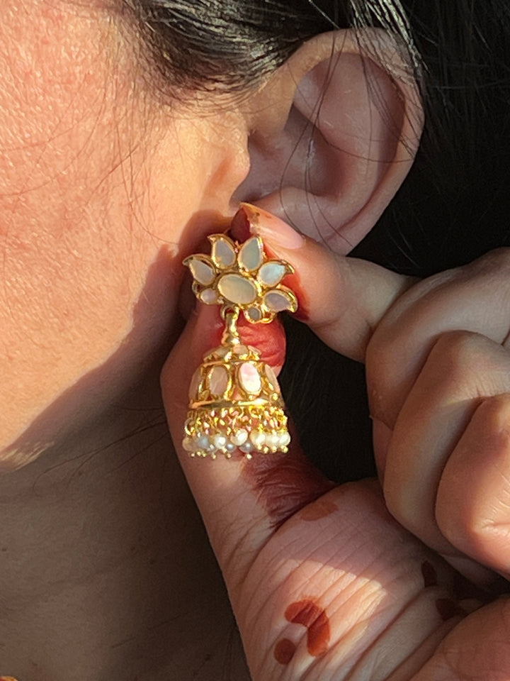 Exquisite Mother of Pearl 925 Silver Jhumka Earrings with Freshwater Pearls - Handmade
