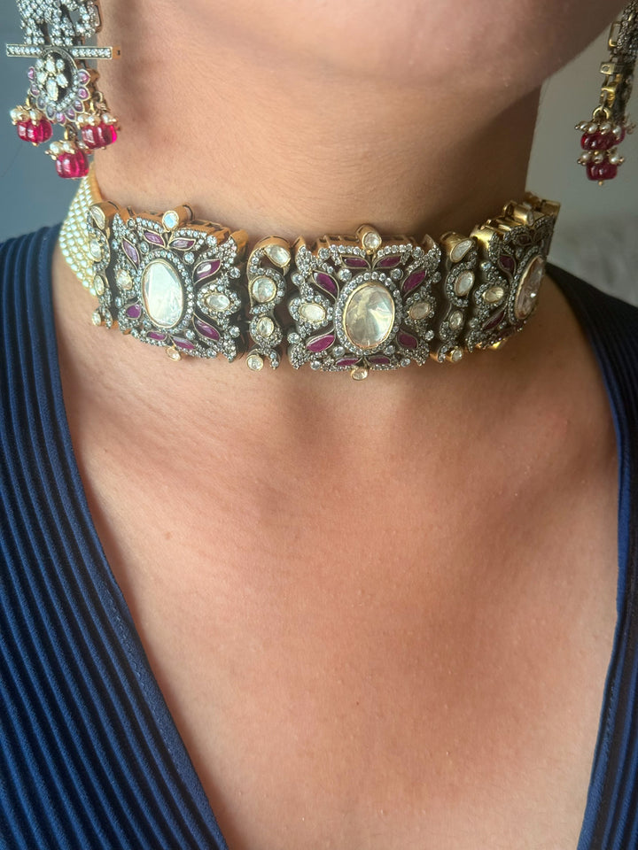 Handmade Victorian 925 Silver Polki Kundan Choker Set | SHIVKA