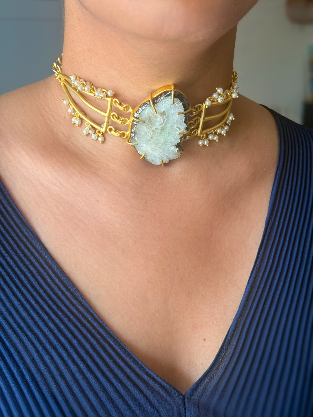 Handmade Bold Natural Quartz and Pearls Statement Choker | Brass Adjustable Lobster Claw Jewelry
