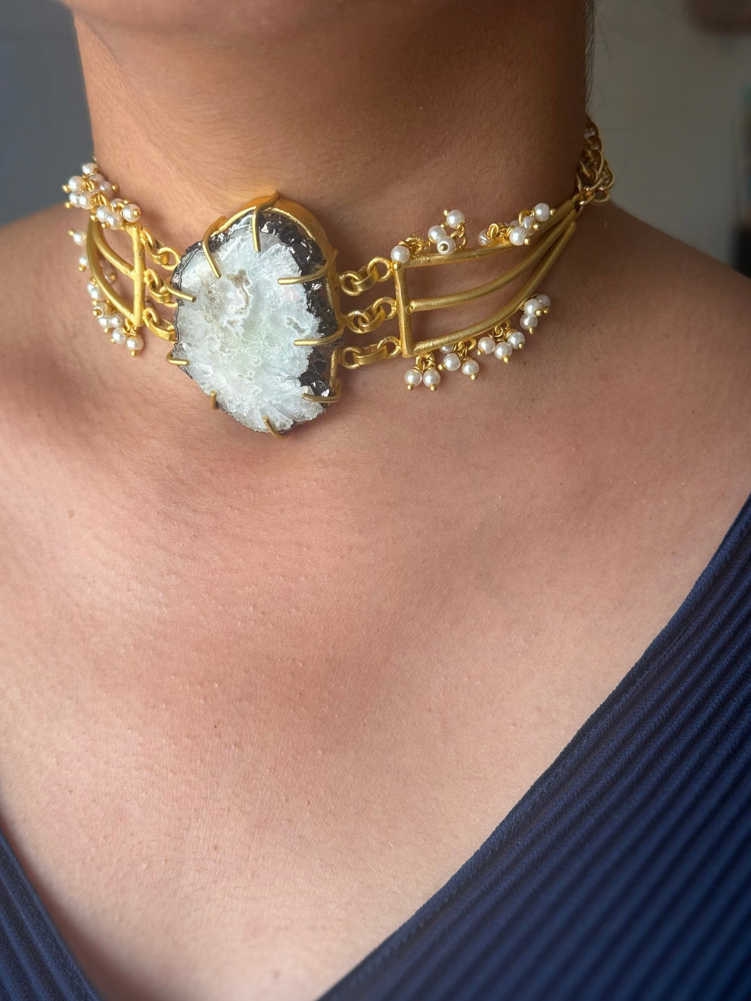 Handmade Bold Natural Quartz and Pearls Statement Choker | Brass Adjustable Lobster Claw Jewelry