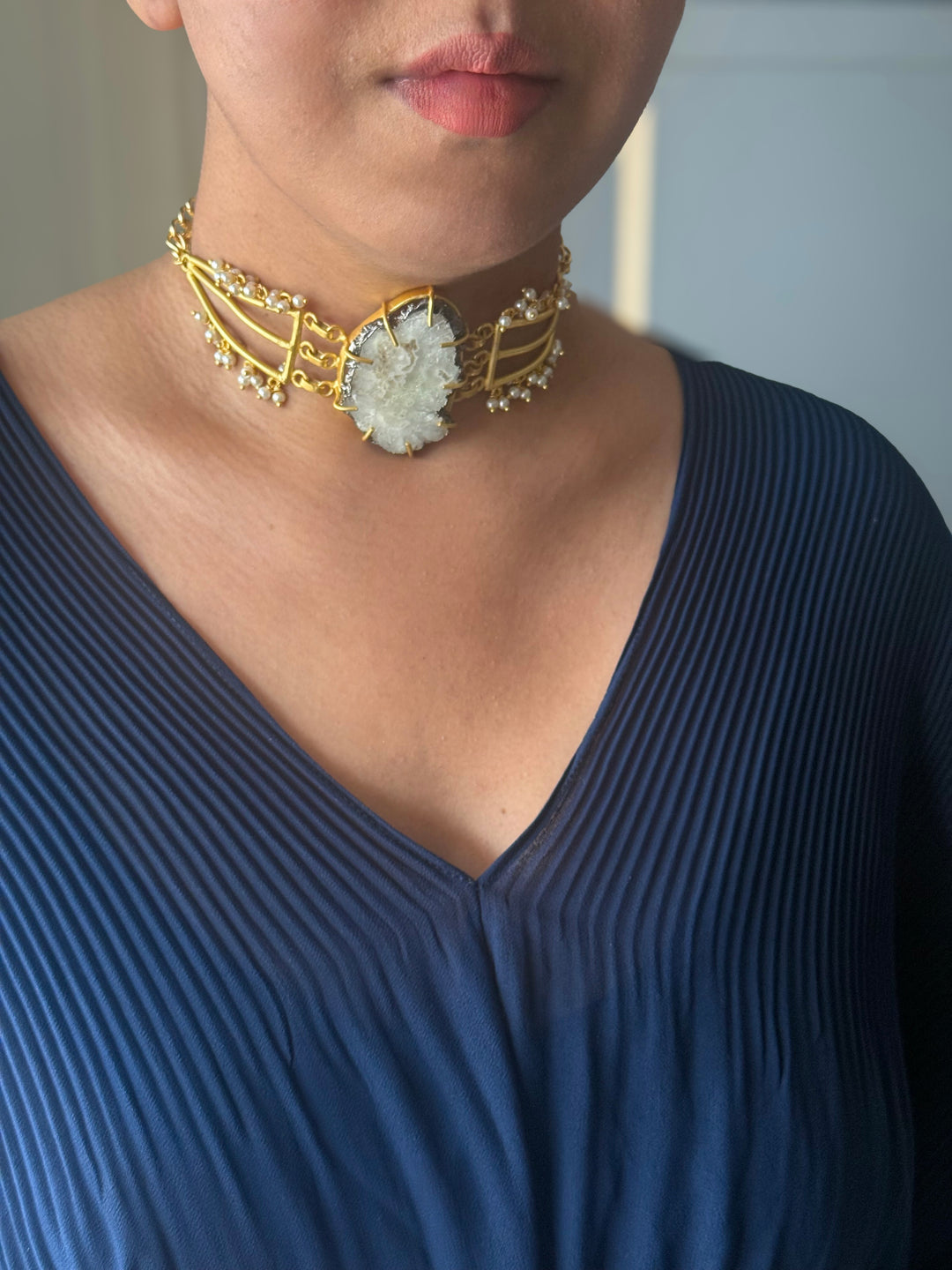 Handmade Bold Natural Quartz and Pearls Statement Choker | Brass Adjustable Lobster Claw Jewelry