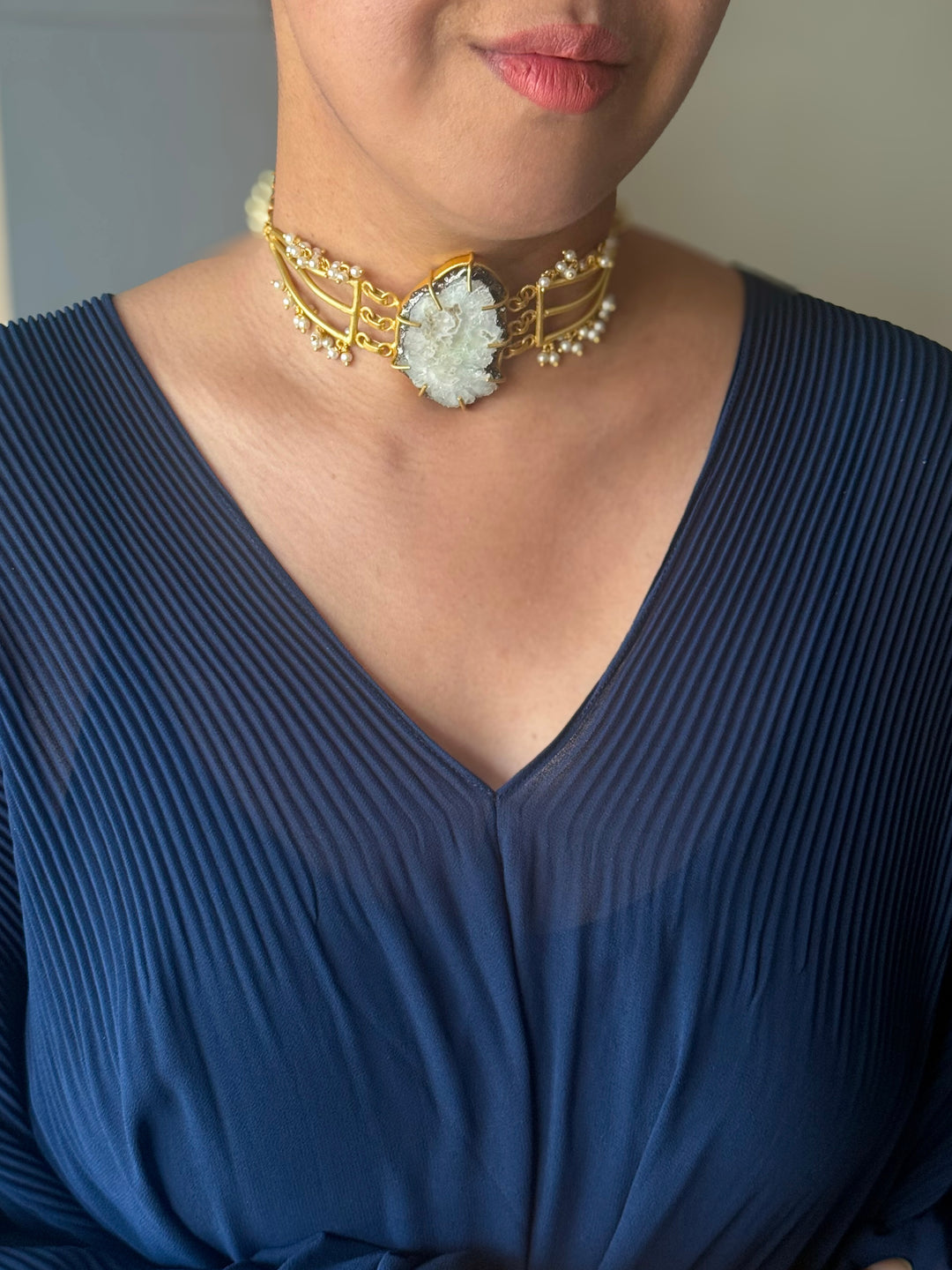 Handmade Bold Natural Quartz and Pearls Statement Choker | Brass Adjustable Lobster Claw Jewelry