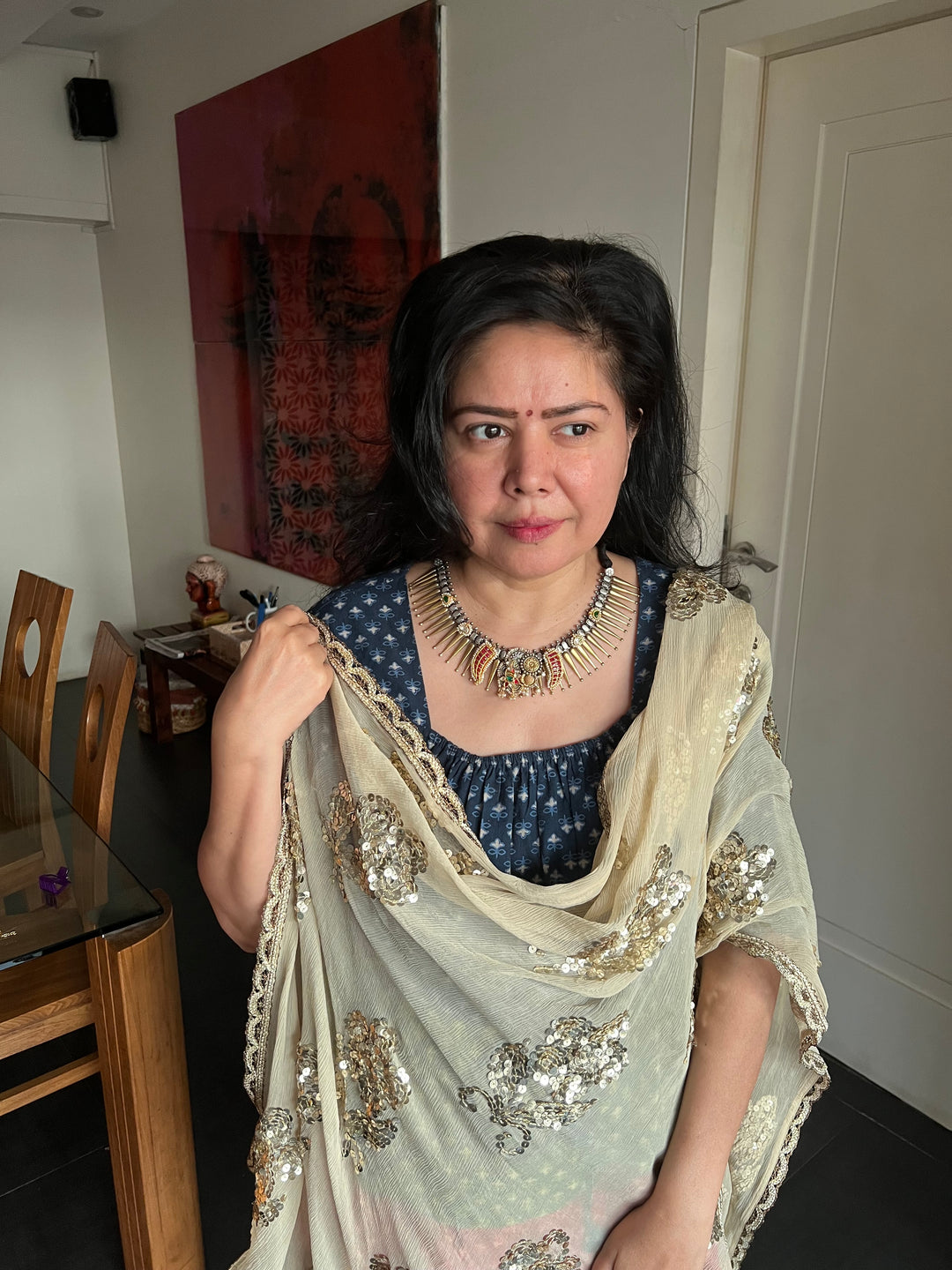 Vintage Fusion 925 Silver Necklace with Kundan Embellishments