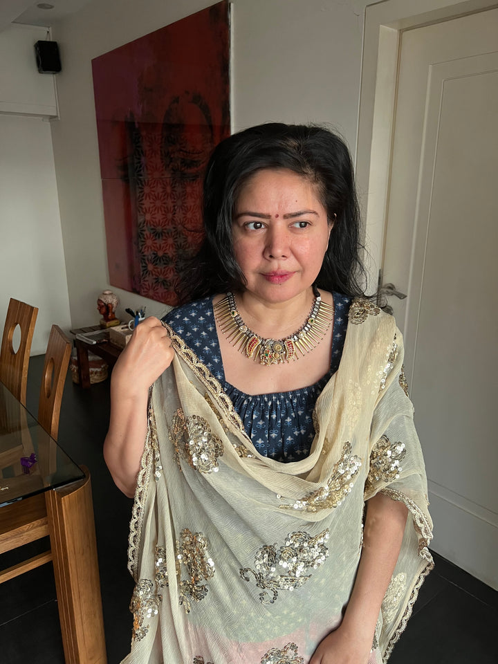 Vintage Fusion 925 Silver Necklace with Kundan Embellishments