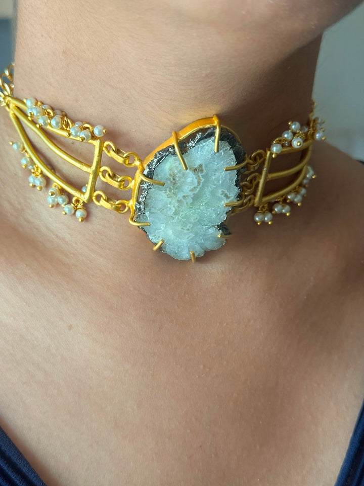 Handmade Bold Natural Quartz and Pearls Statement Choker | Brass Adjustable Lobster Claw Jewelry
