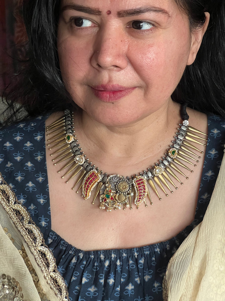 Vintage Fusion 925 Silver Necklace with Kundan Embellishments