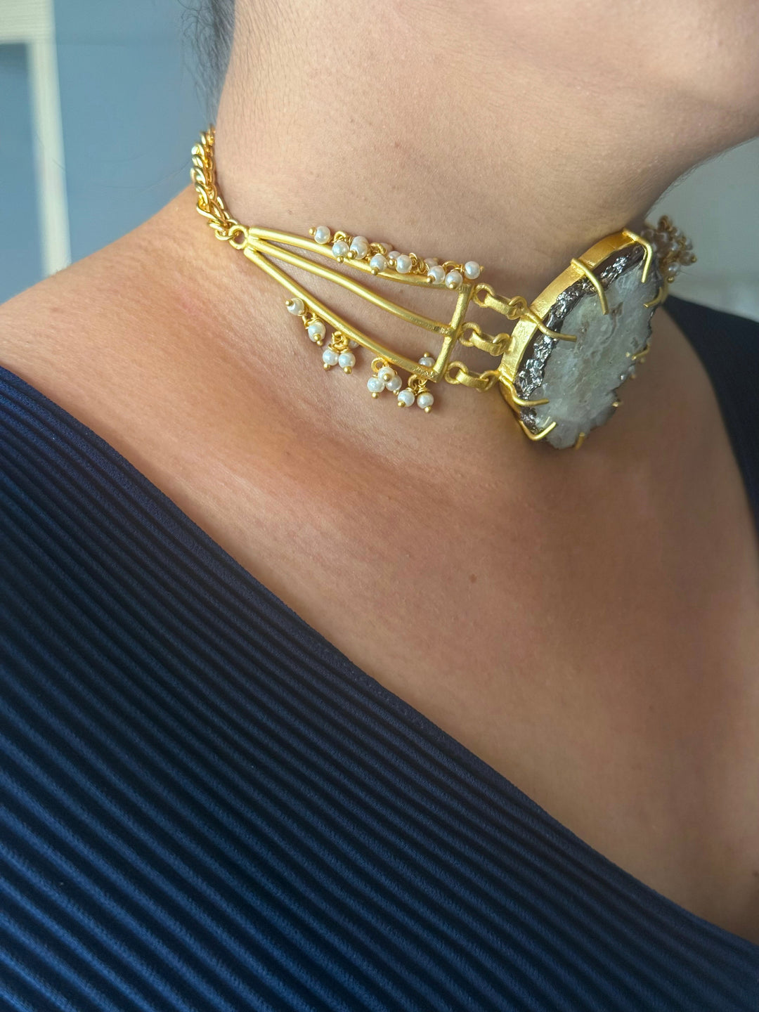 Handmade Bold Natural Quartz and Pearls Statement Choker | Brass Adjustable Lobster Claw Jewelry