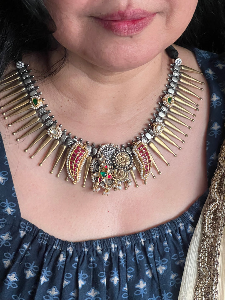 Vintage Fusion 925 Silver Necklace with Kundan Embellishments