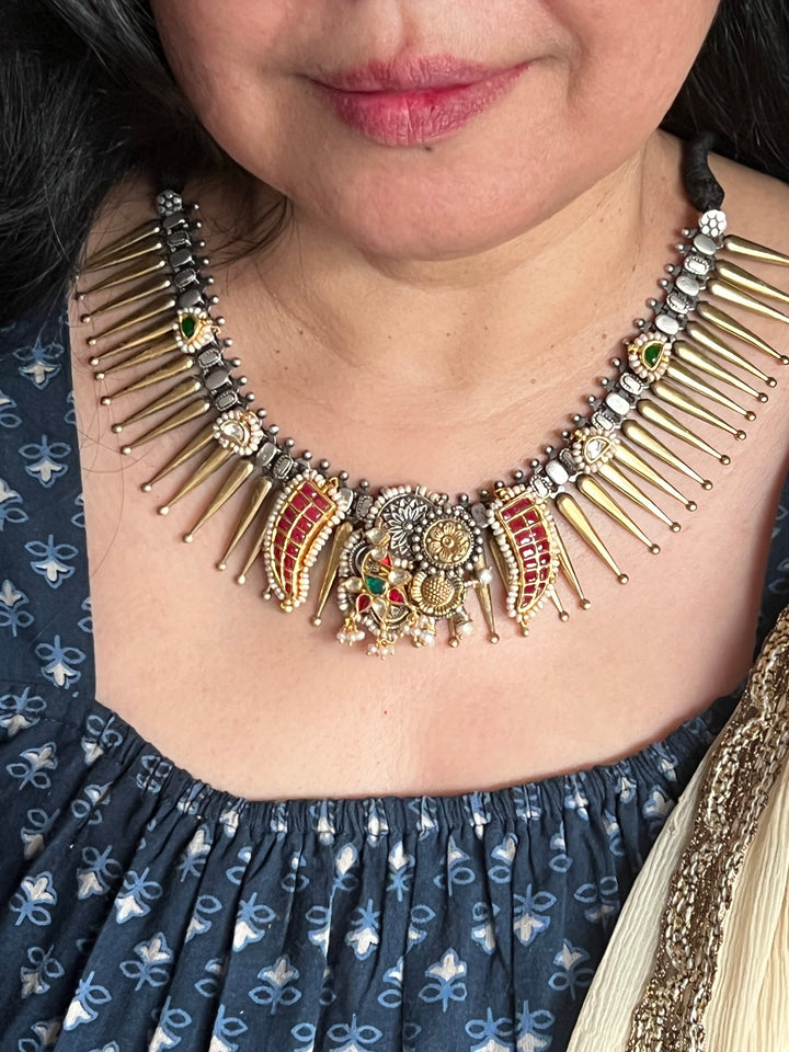 Vintage Fusion 925 Silver Necklace with Kundan Embellishments