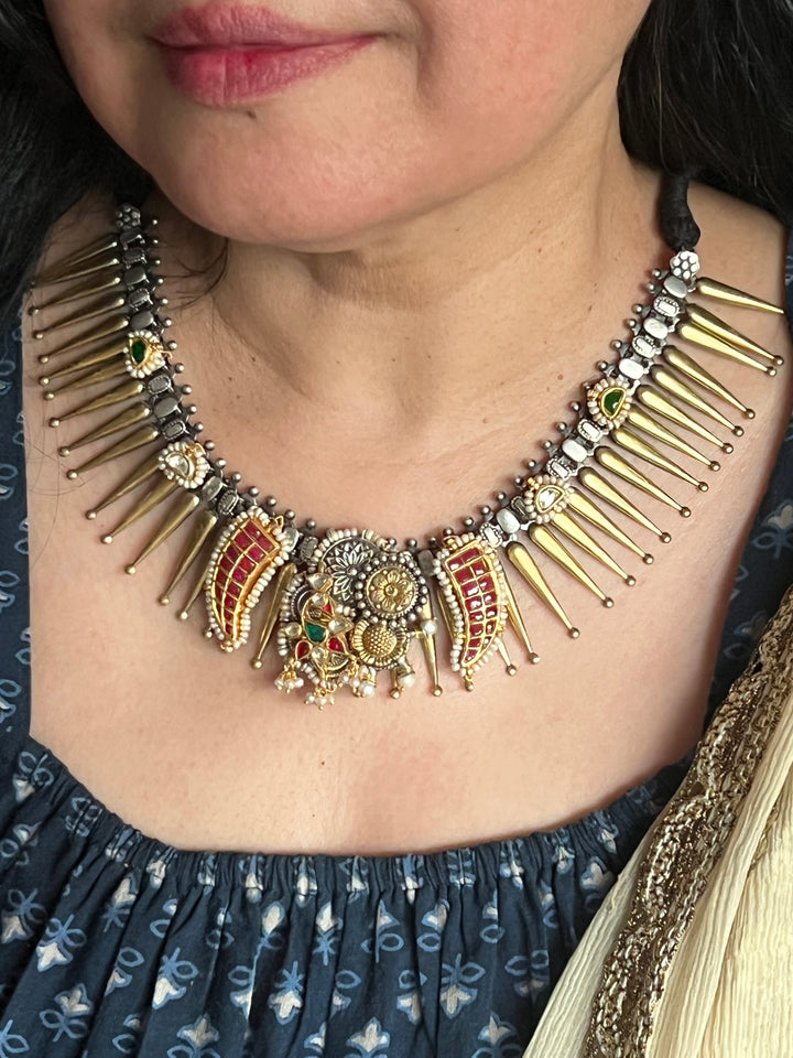 Vintage Fusion 925 Silver Necklace with Kundan Embellishments