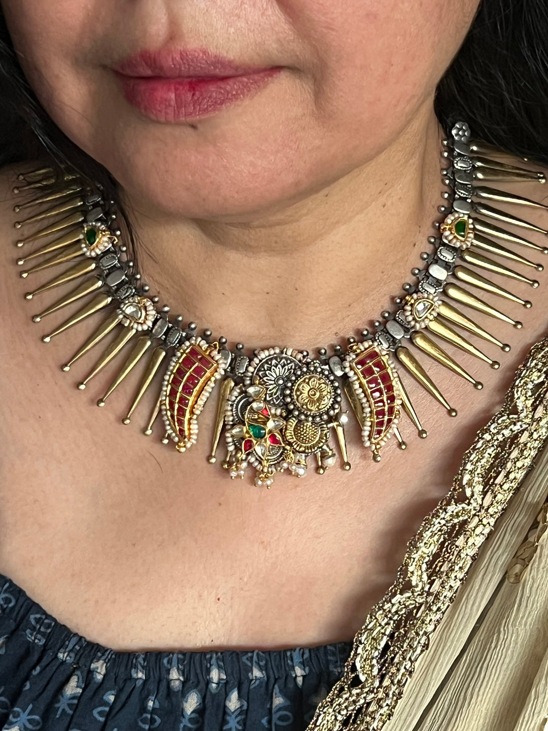 Vintage Fusion 925 Silver Necklace with Kundan Embellishments