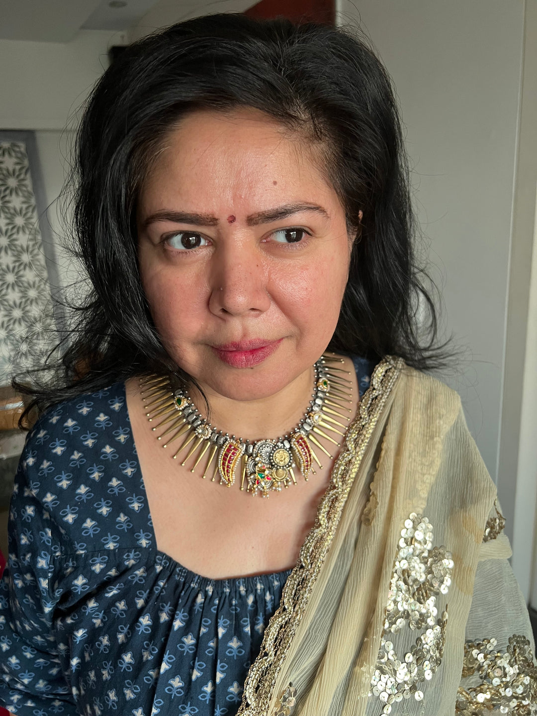 Vintage Fusion 925 Silver Necklace with Kundan Embellishments