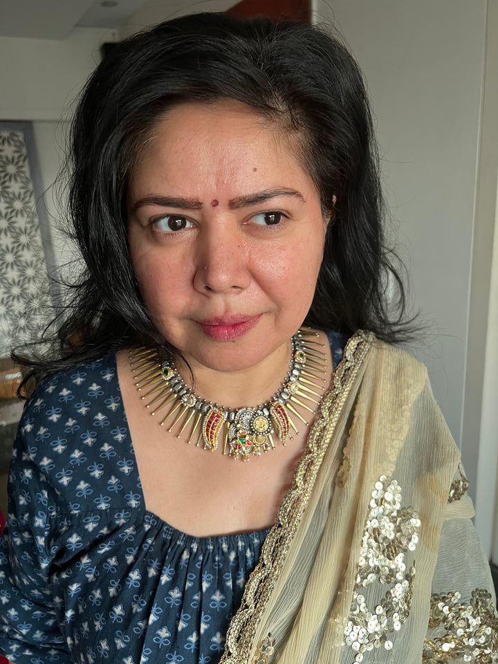 Vintage Fusion 925 Silver Necklace with Kundan Embellishments