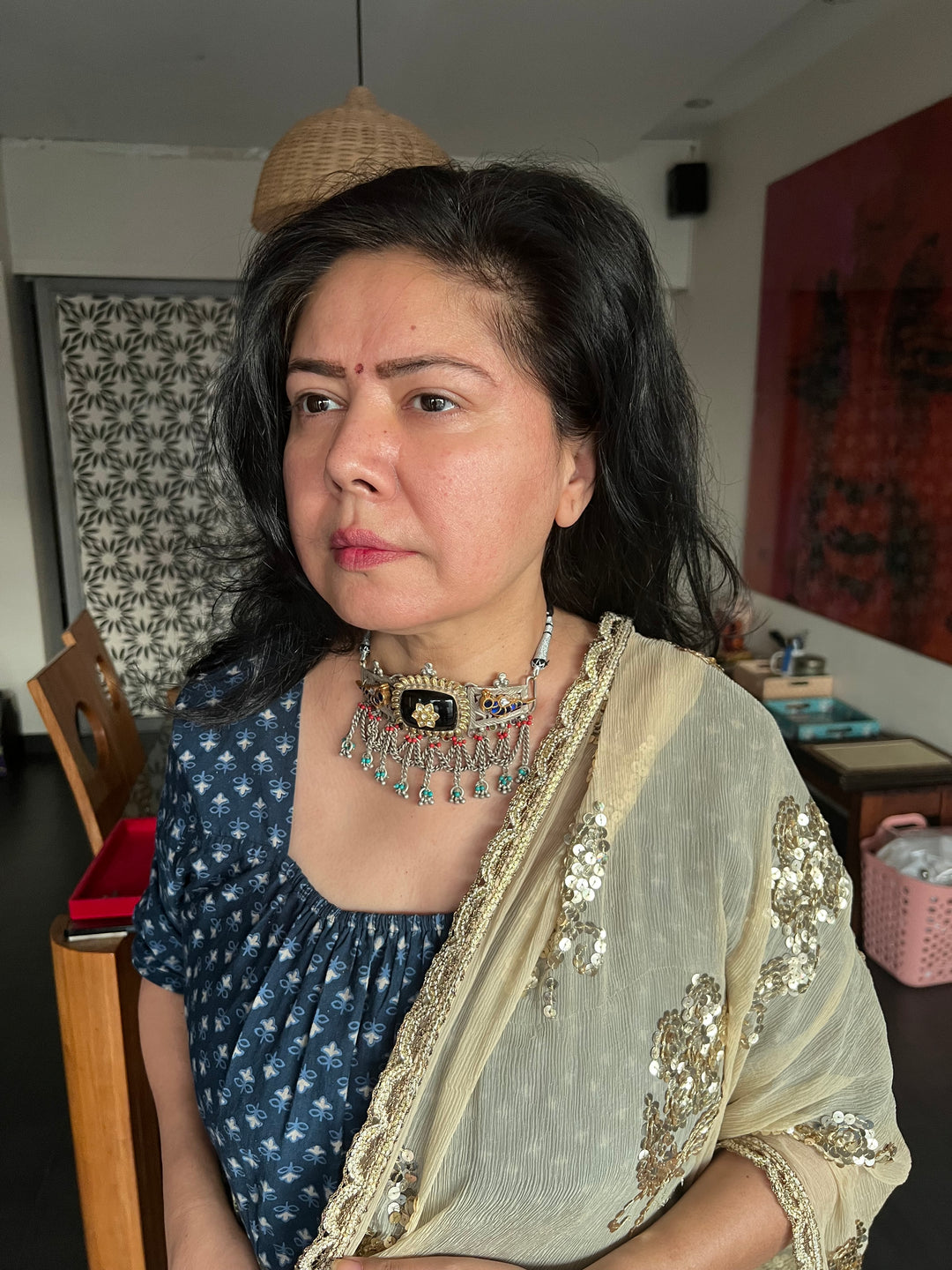 Vintage Fusion 925 Silver Choker Necklace with Kundan Embellishments