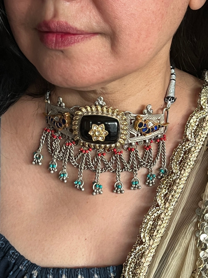 Vintage Fusion 925 Silver Choker Necklace with Kundan Embellishments