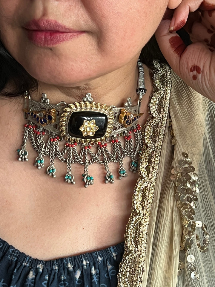 Vintage Fusion 925 Silver Choker Necklace with Kundan Embellishments