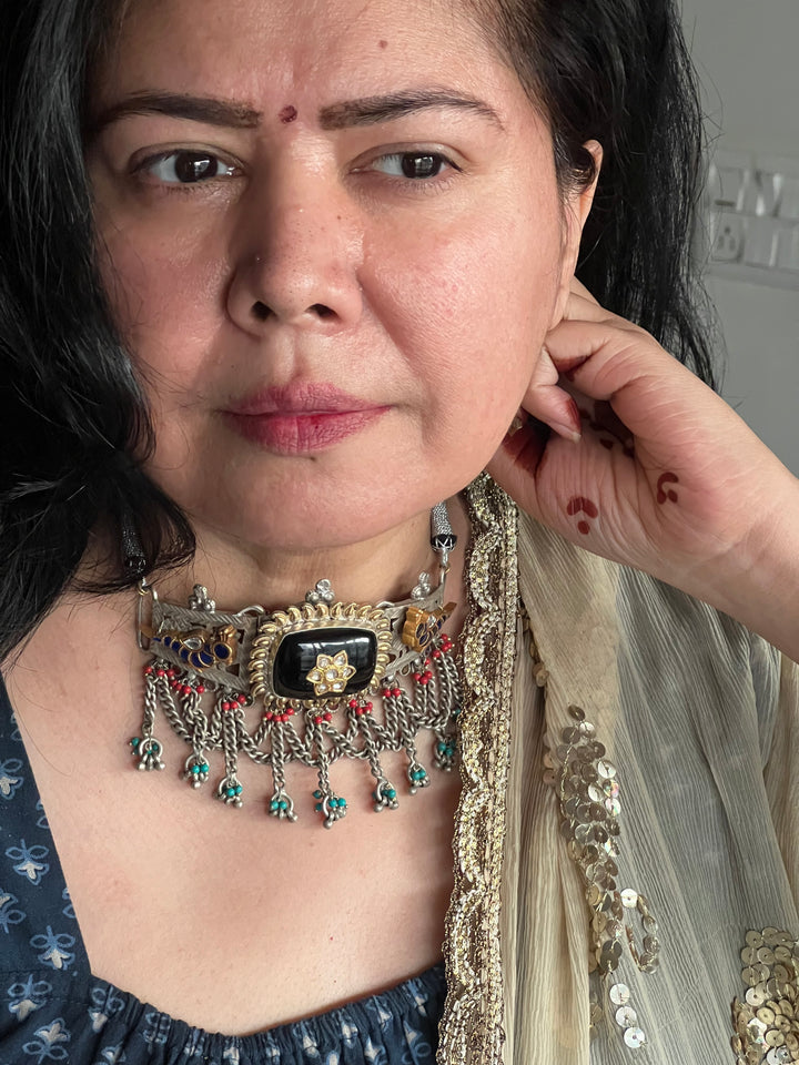 Vintage Fusion 925 Silver Choker Necklace with Kundan Embellishments