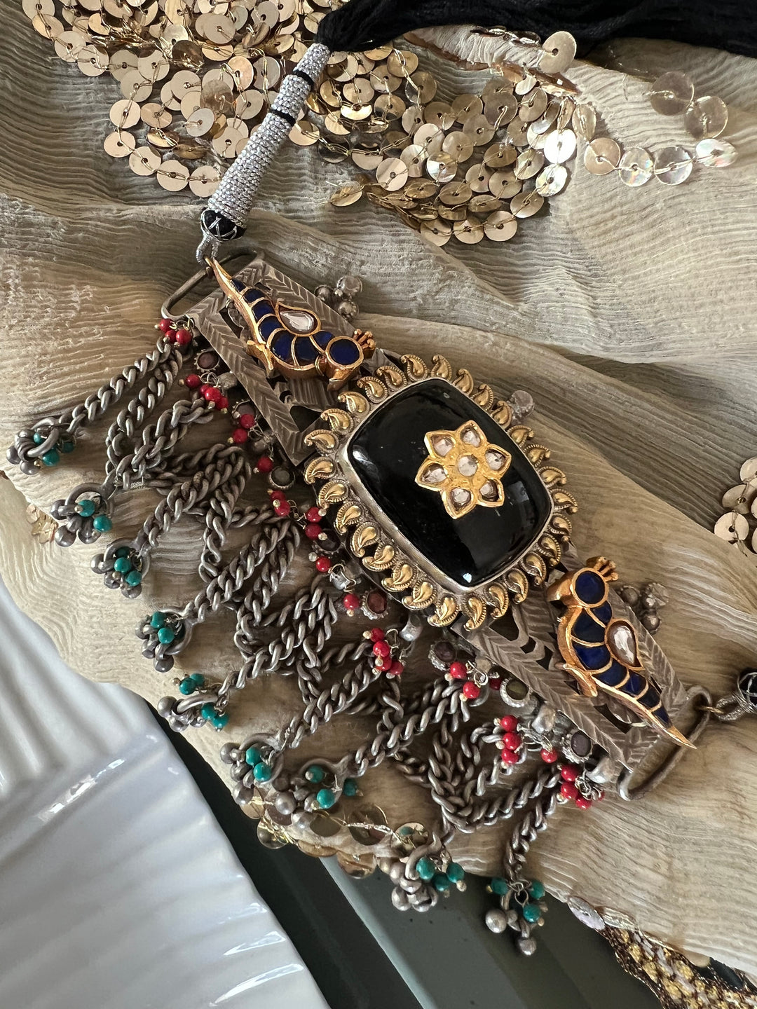 Vintage Fusion 925 Silver Choker Necklace with Kundan Embellishments
