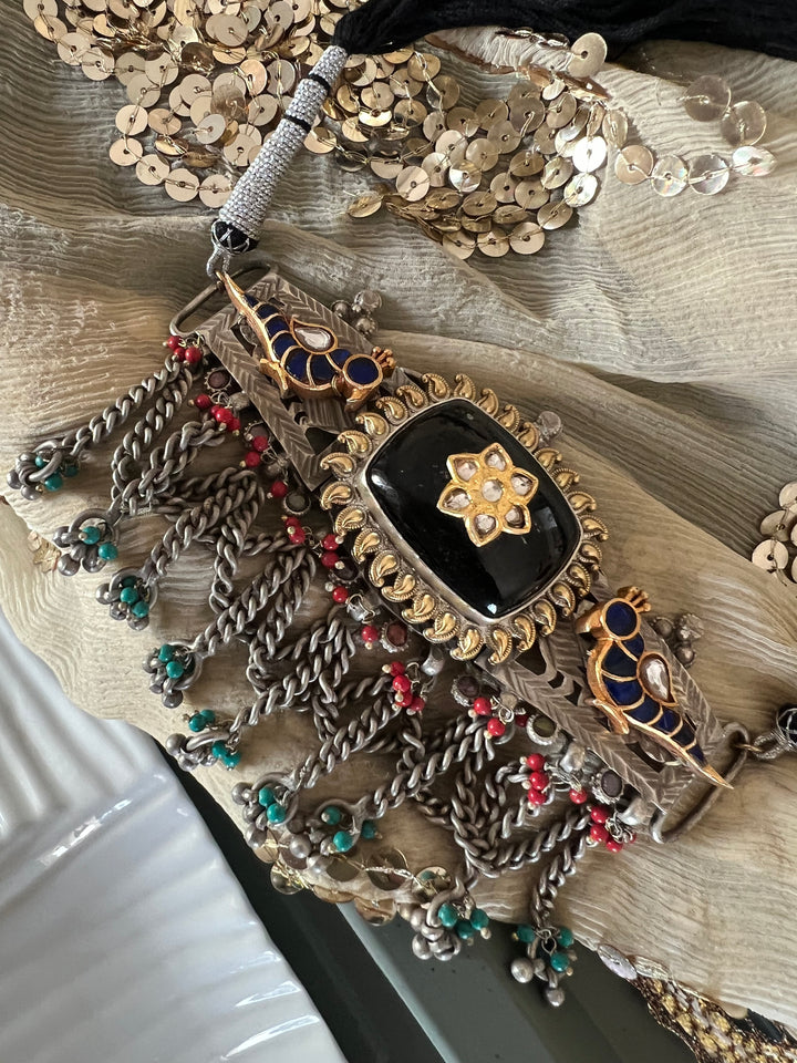 Vintage Fusion 925 Silver Choker Necklace with Kundan Embellishments