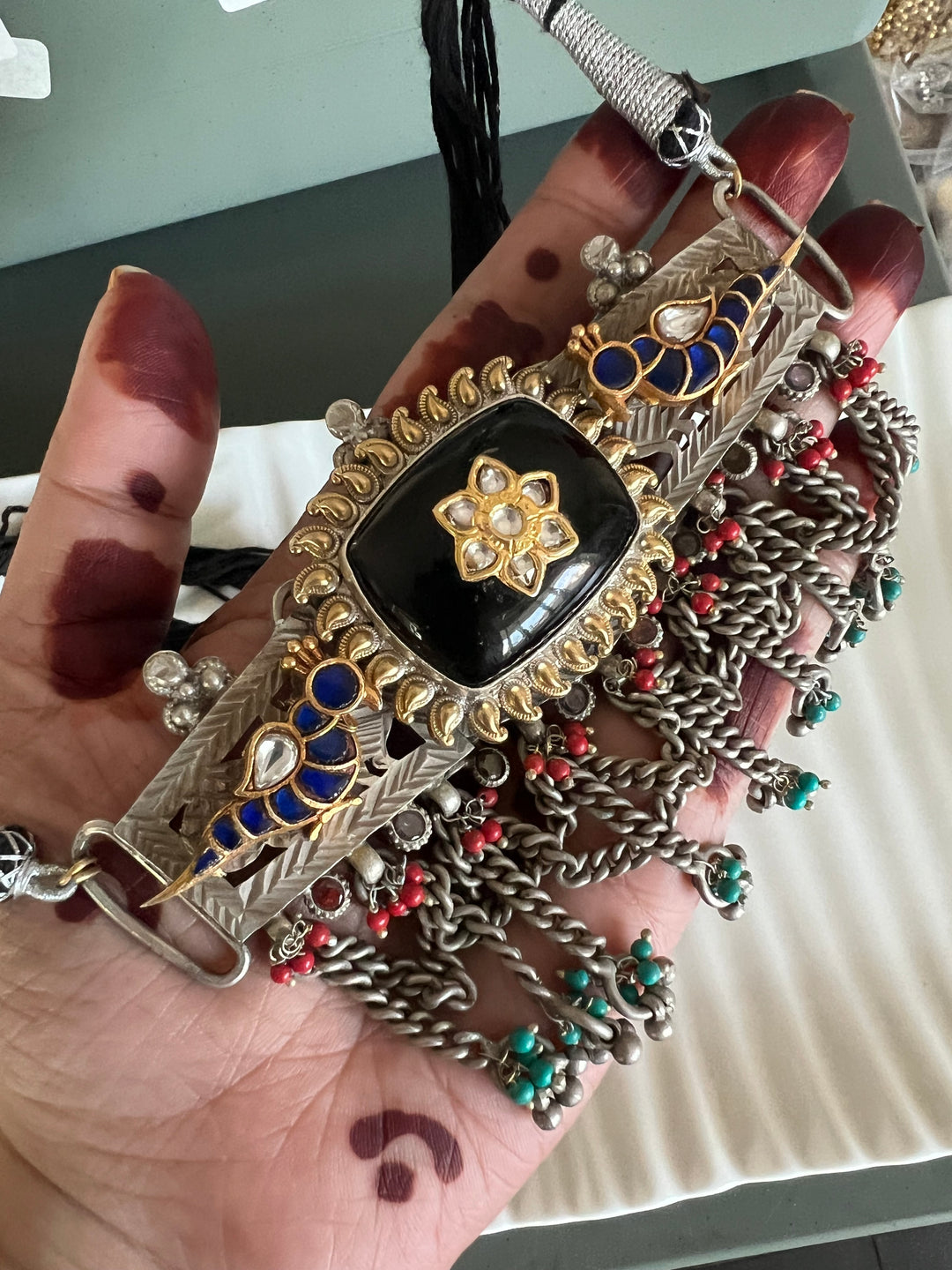 Vintage Fusion 925 Silver Choker Necklace with Kundan Embellishments