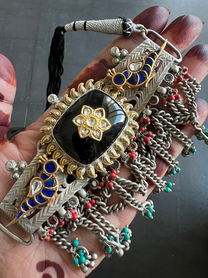 Vintage Fusion 925 Silver Choker Necklace with Kundan Embellishments