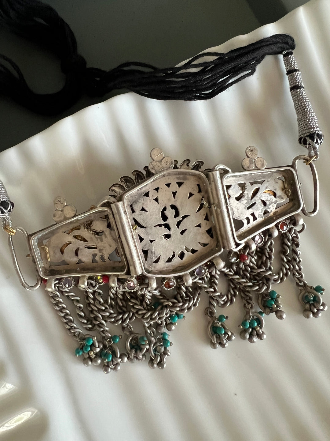 Vintage Fusion 925 Silver Choker Necklace with Kundan Embellishments