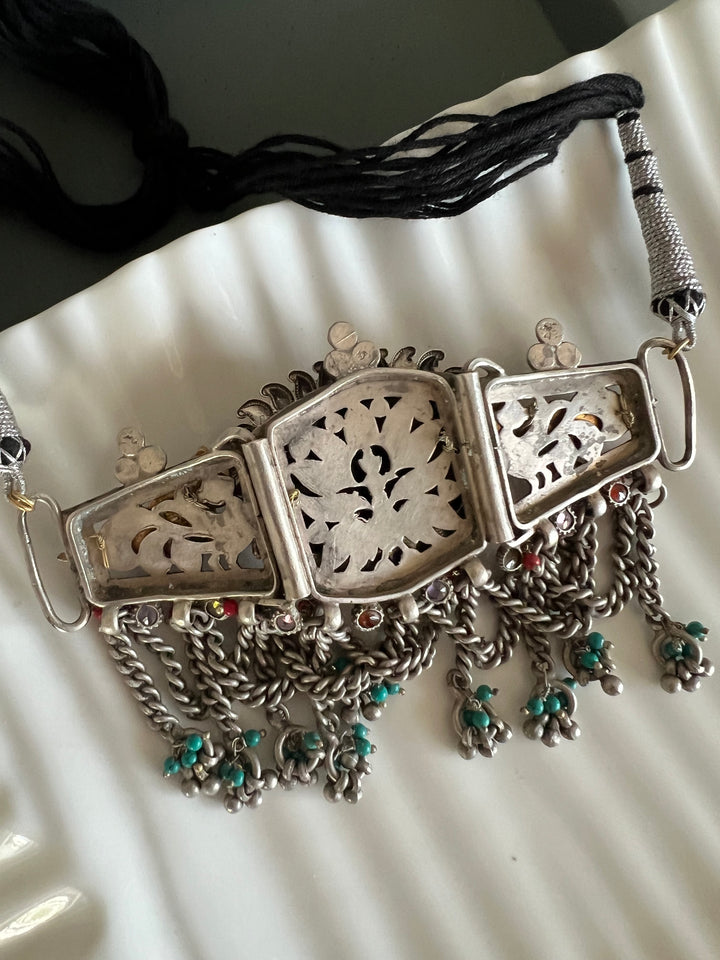 Vintage Fusion 925 Silver Choker Necklace with Kundan Embellishments