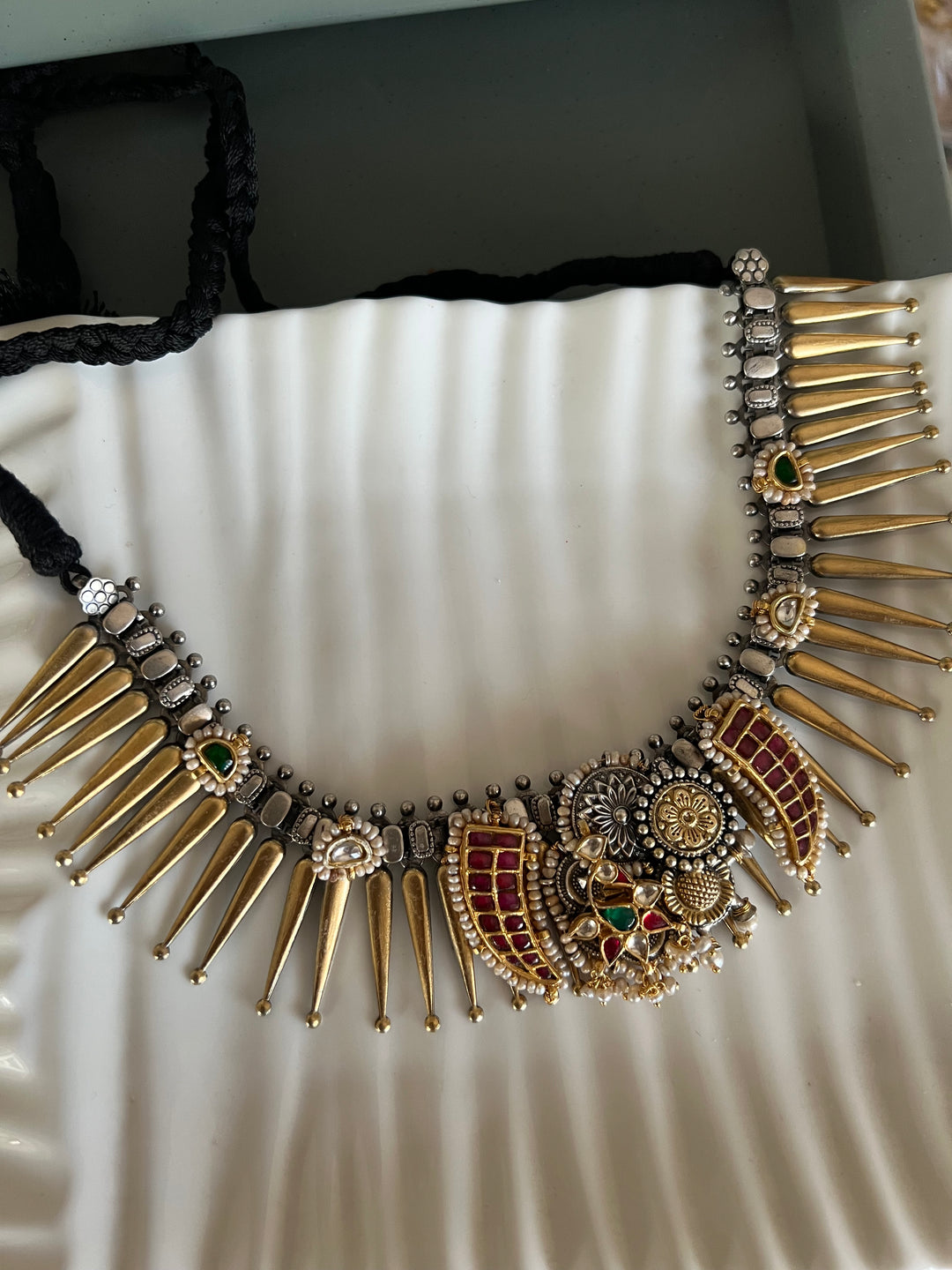 Vintage Fusion 925 Silver Necklace with Kundan Embellishments