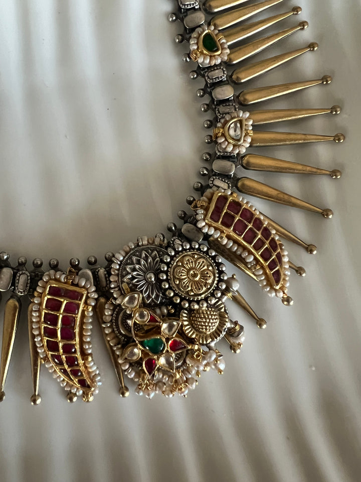 Vintage Fusion 925 Silver Necklace with Kundan Embellishments