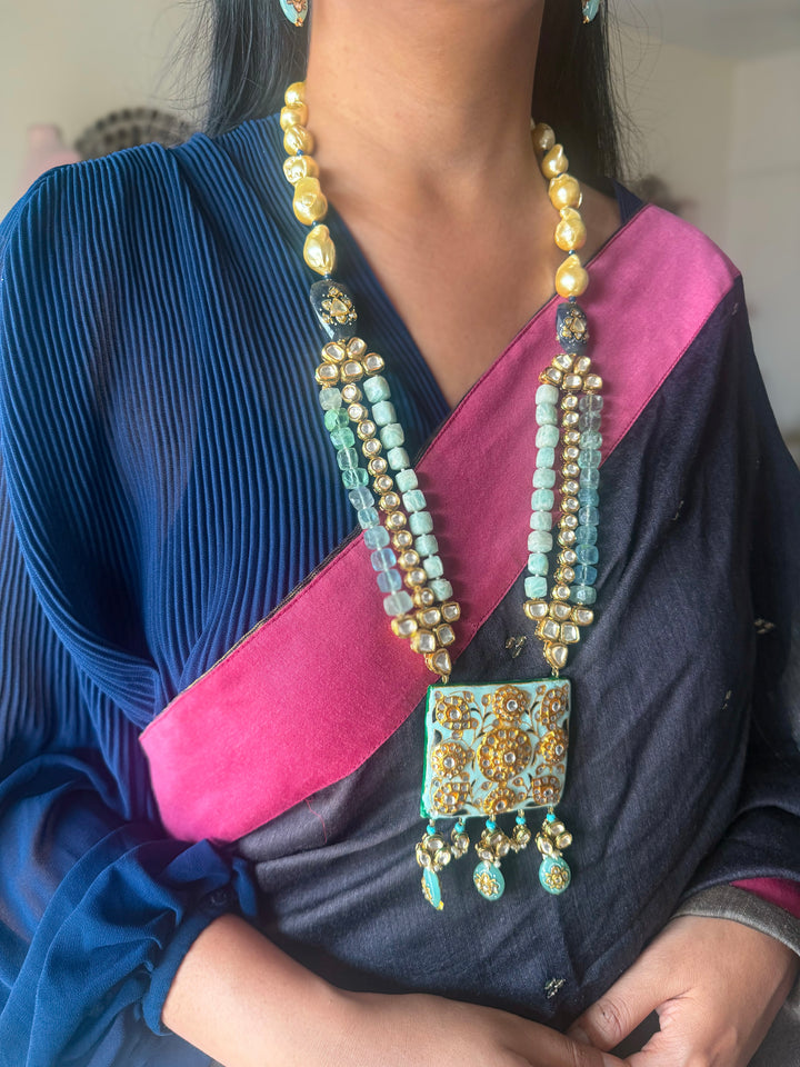 Handmade Kundan Meenakari Necklace & Earrings: Baroque Pearl, Amazonite