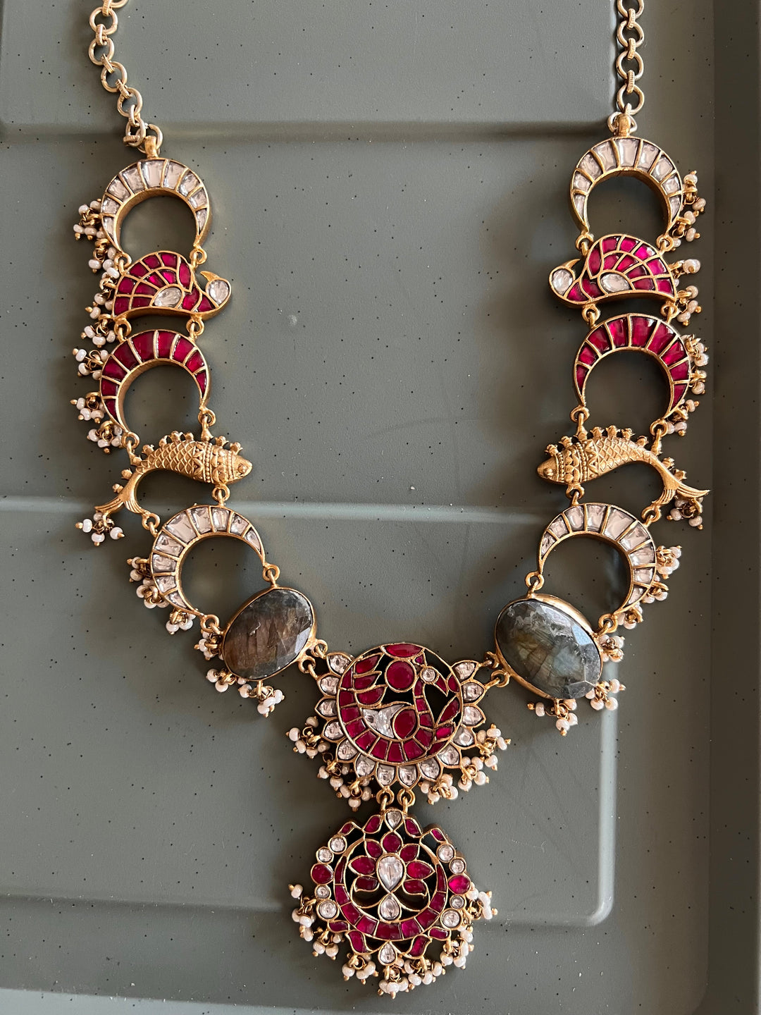 Statement Fish Design 925 Silver Necklace with Kundan Embellishments