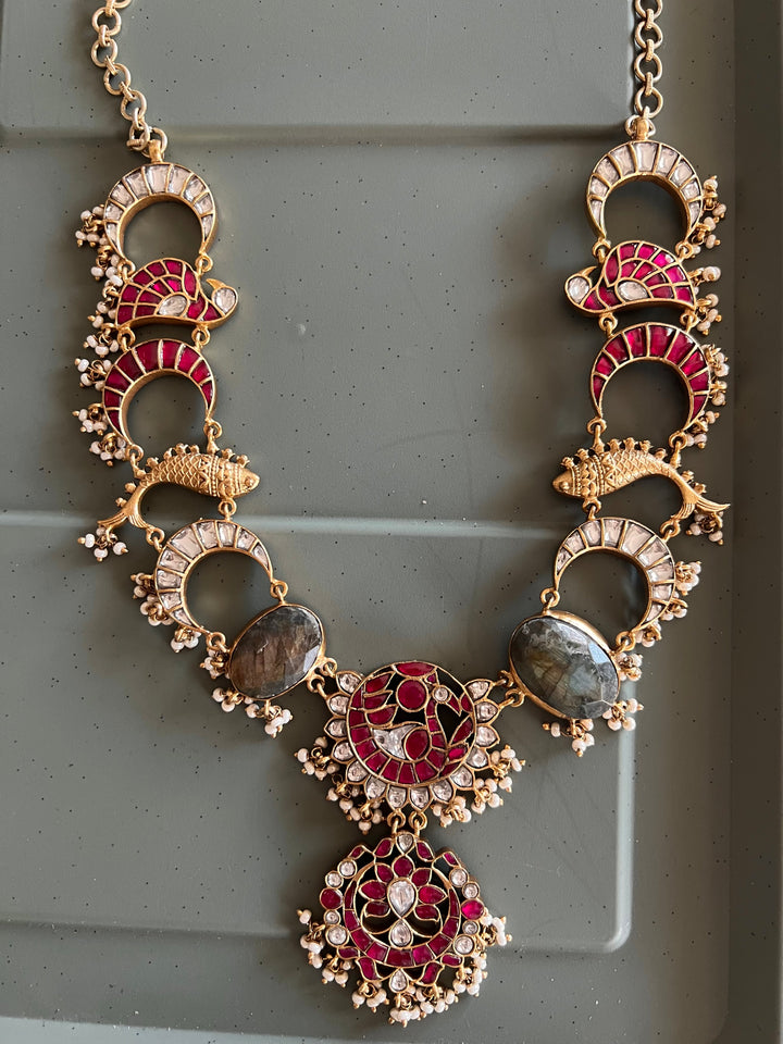 Statement Fish Design 925 Silver Necklace with Kundan Embellishments