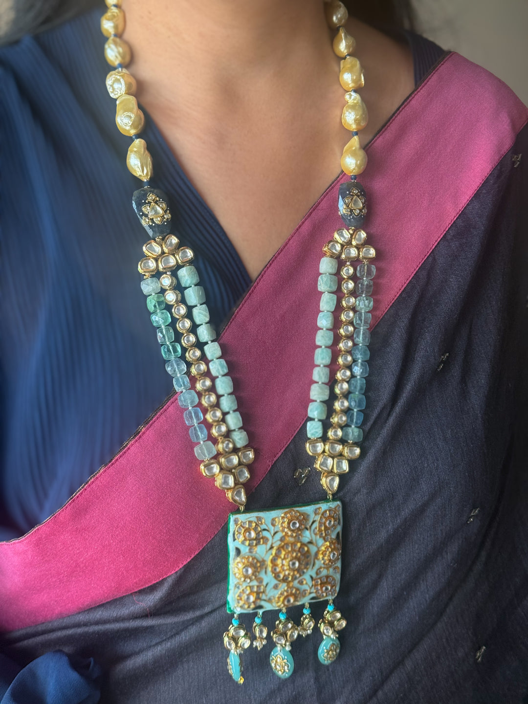 Handmade Kundan Meenakari Necklace & Earrings: Baroque Pearl, Amazonite