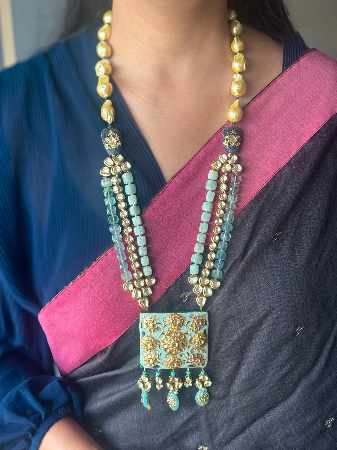 Handmade Kundan Meenakari Necklace & Earrings: Baroque Pearl, Amazonite
