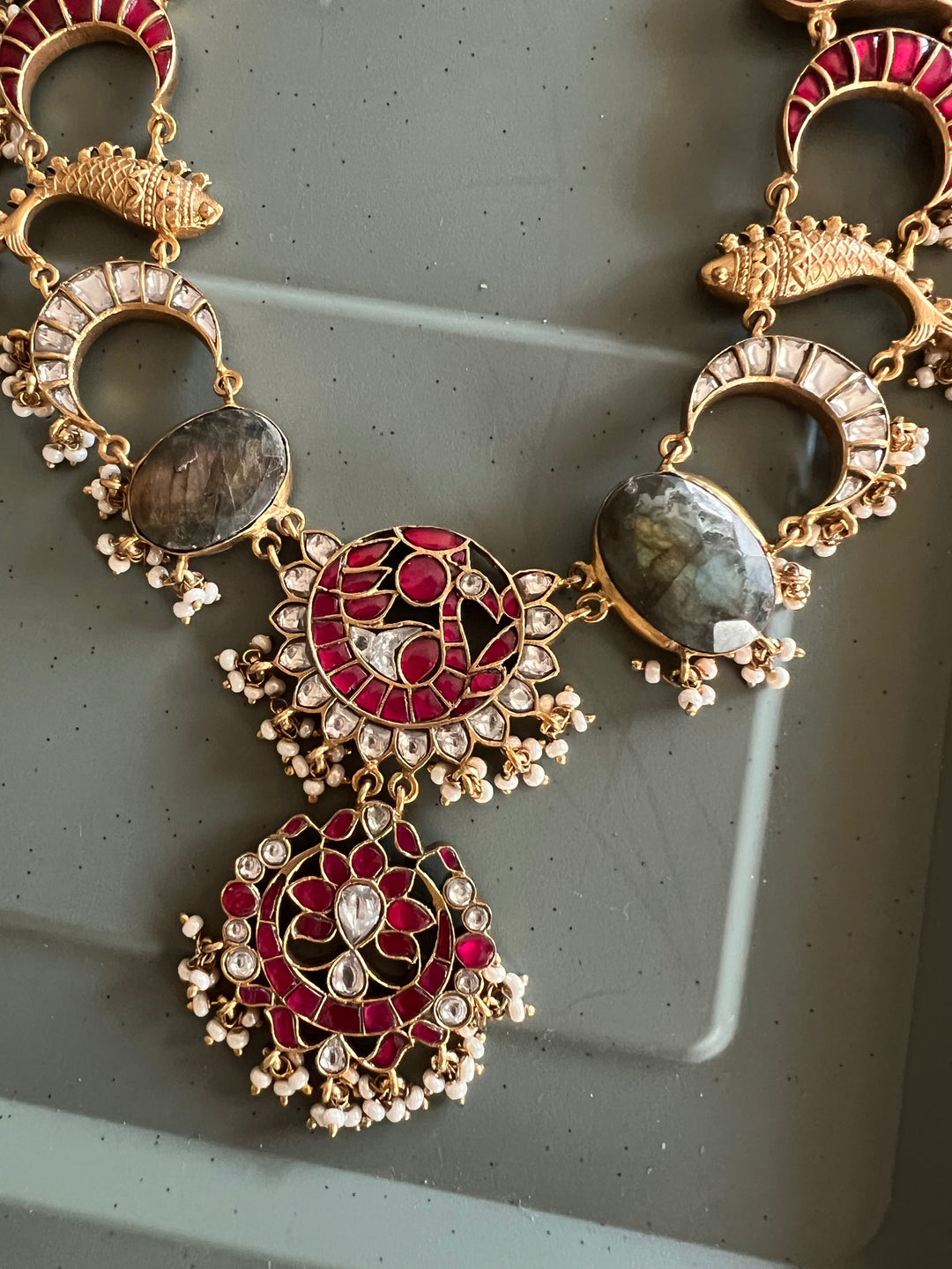 Statement Fish Design 925 Silver Necklace with Kundan Embellishments