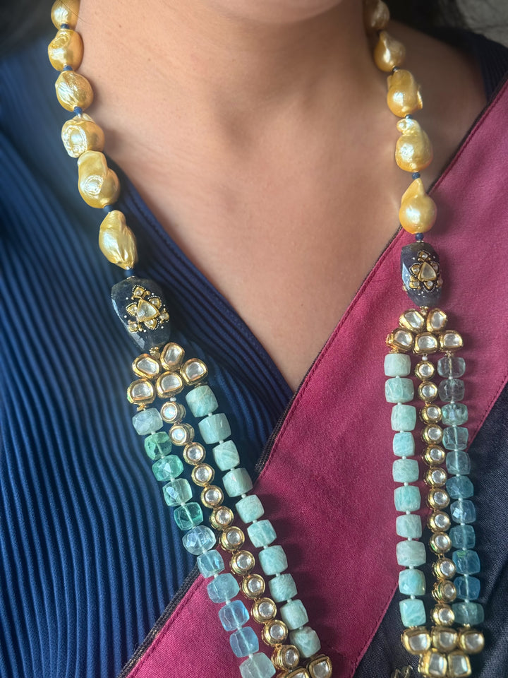 Handmade Kundan Meenakari Necklace & Earrings: Baroque Pearl, Amazonite