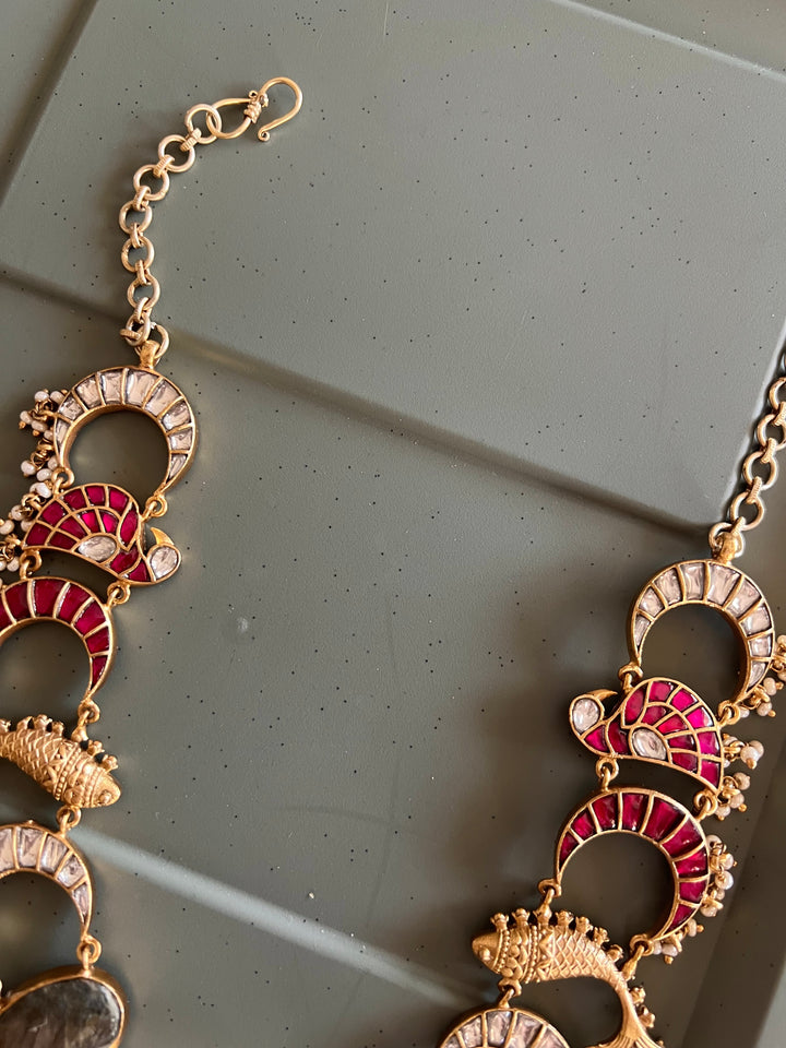 Statement Fish Design 925 Silver Necklace with Kundan Embellishments