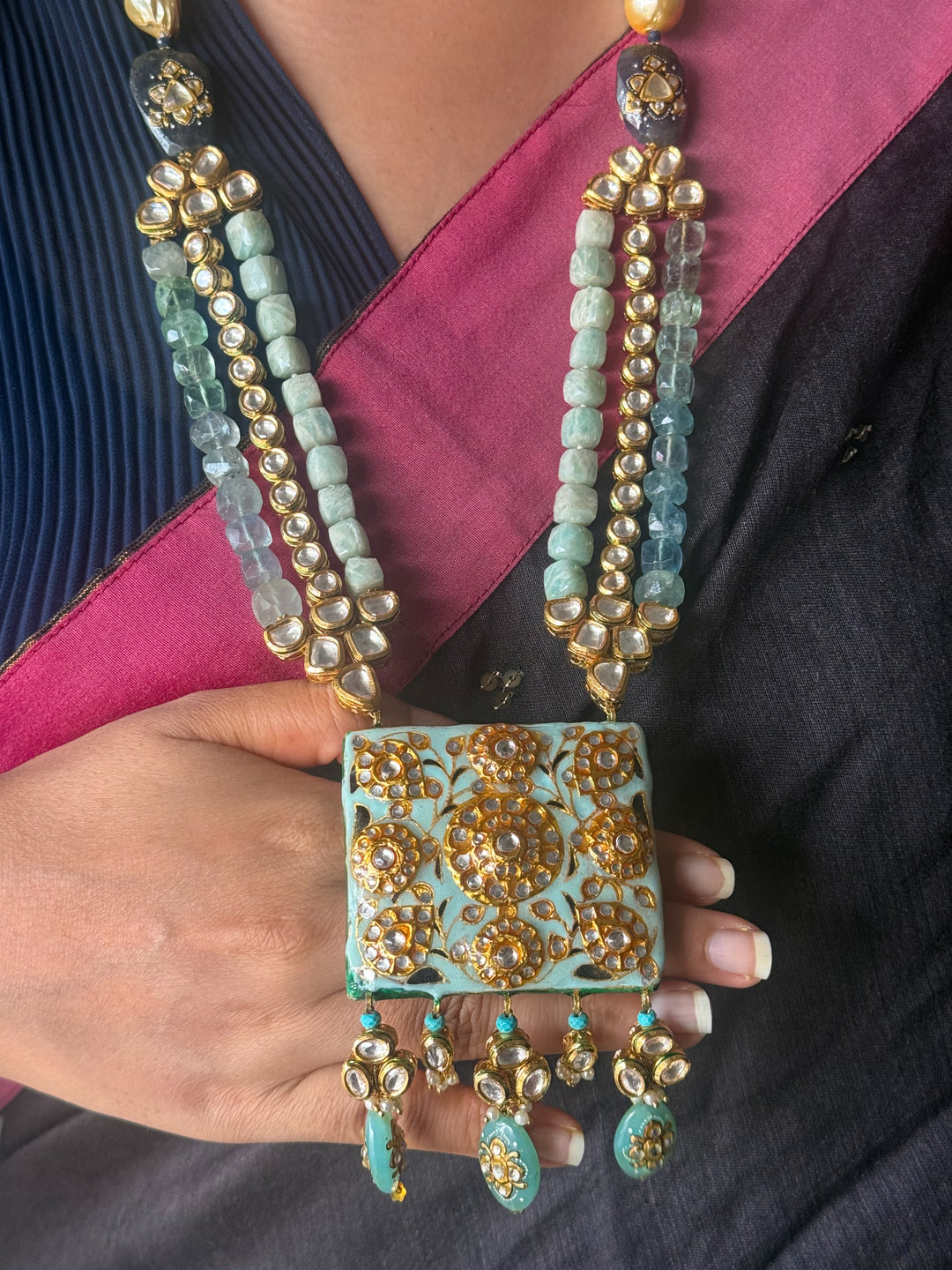 Handmade Kundan Meenakari Necklace & Earrings: Baroque Pearl, Amazonite