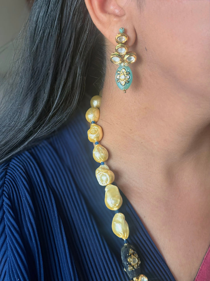 Handmade Kundan Meenakari Necklace & Earrings: Baroque Pearl, Amazonite
