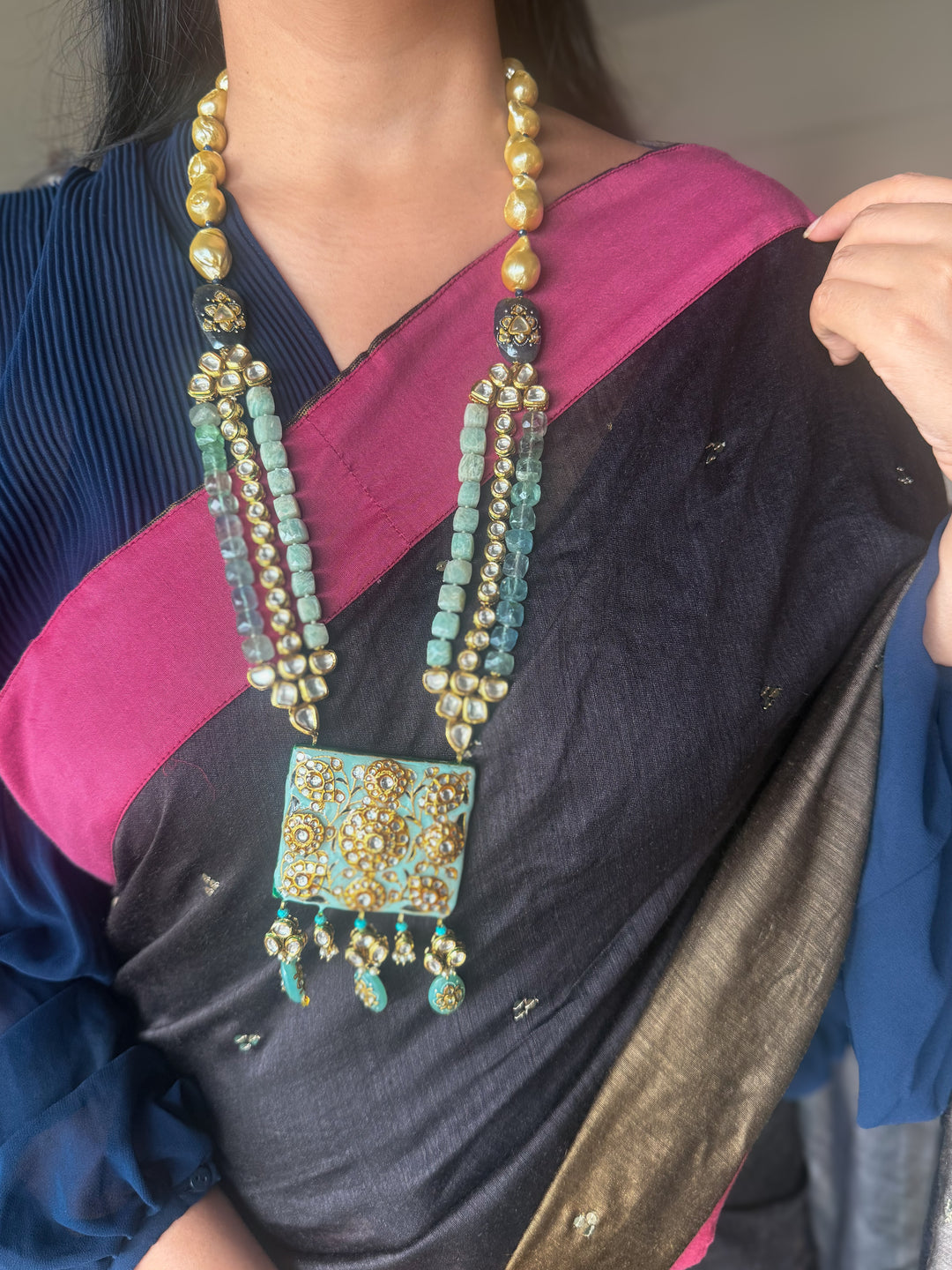 Handmade Kundan Meenakari Necklace & Earrings: Baroque Pearl, Amazonite