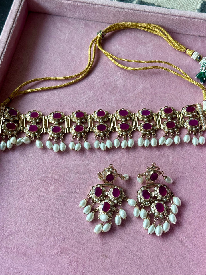 Handcrafted Ruby Red Twin Layer Choker Necklace Set