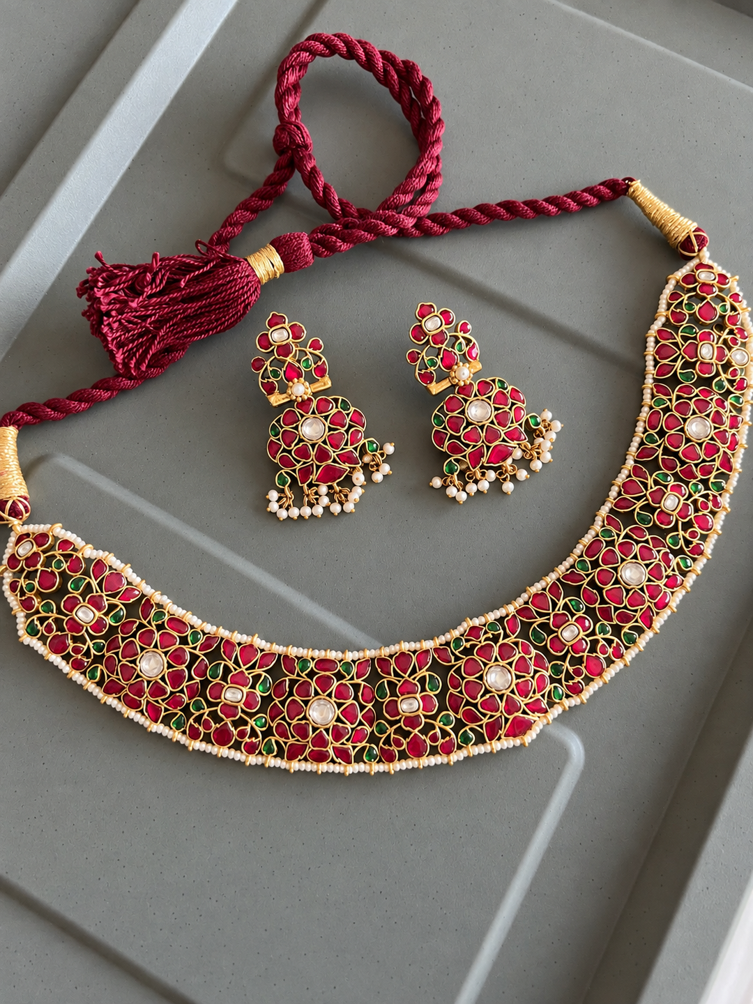 Fuchsia Pink 925 Silver Jadau Kundan Floral Necklace Set