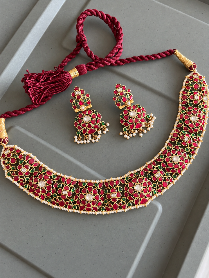 Fuchsia Pink 925 Silver Jadau Kundan Floral Necklace Set