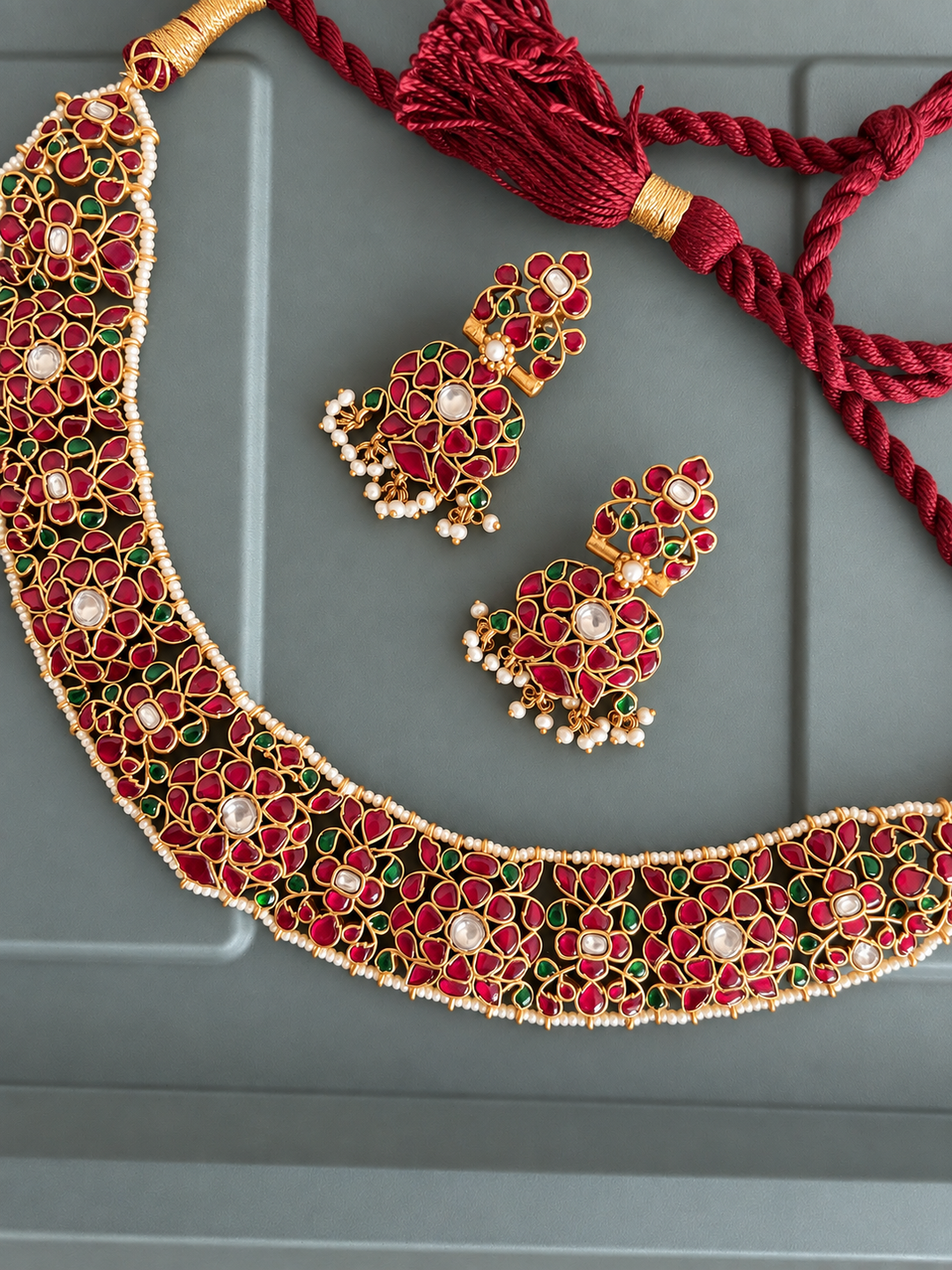 Fuchsia Pink 925 Silver Jadau Kundan Floral Necklace Set