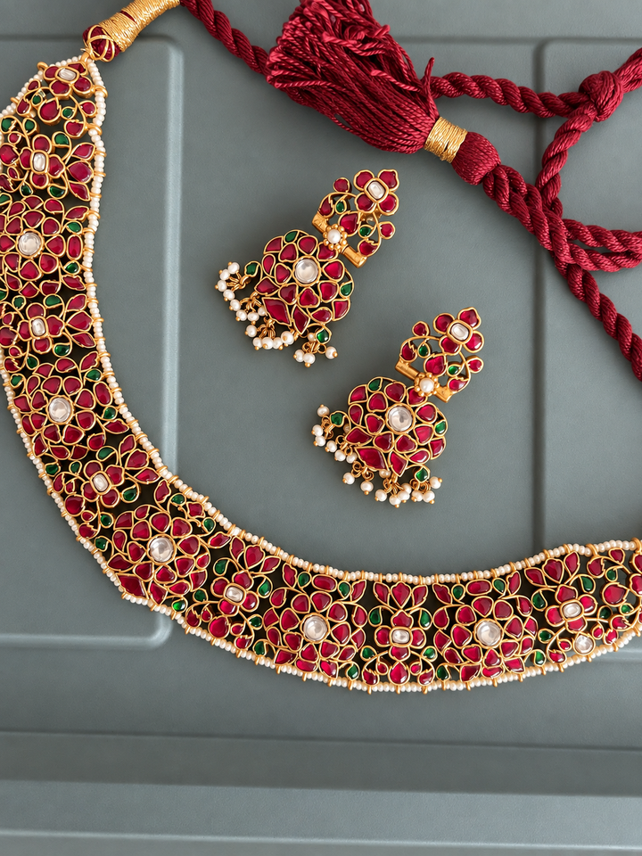 Fuchsia Pink 925 Silver Jadau Kundan Floral Necklace Set