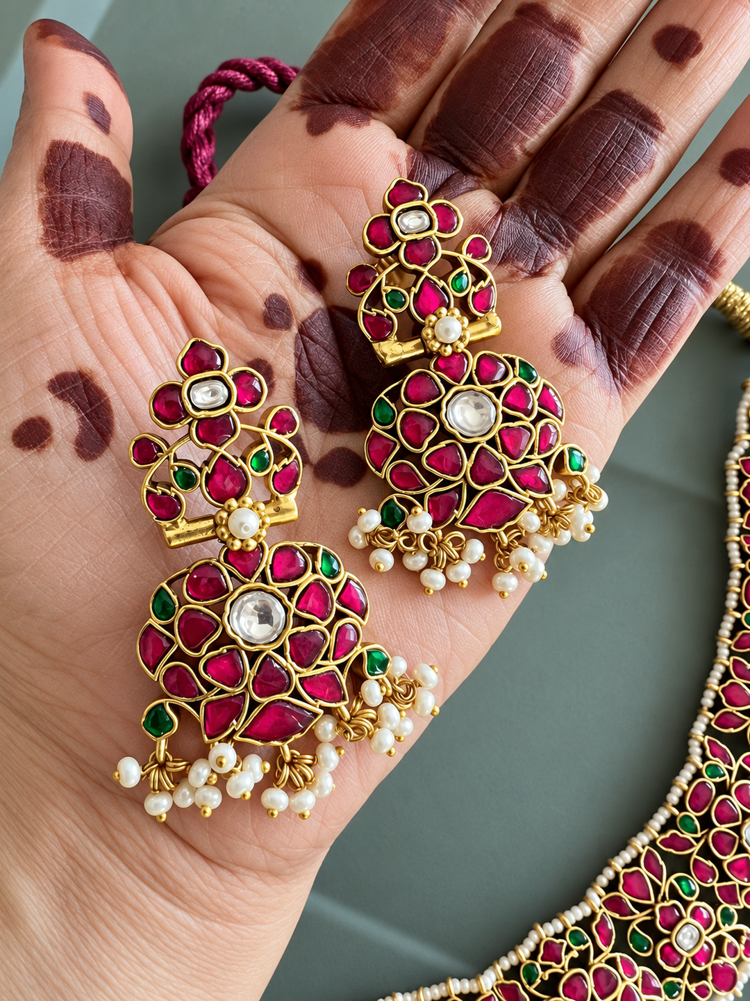 Fuchsia Pink 925 Silver Jadau Kundan Floral Necklace Set