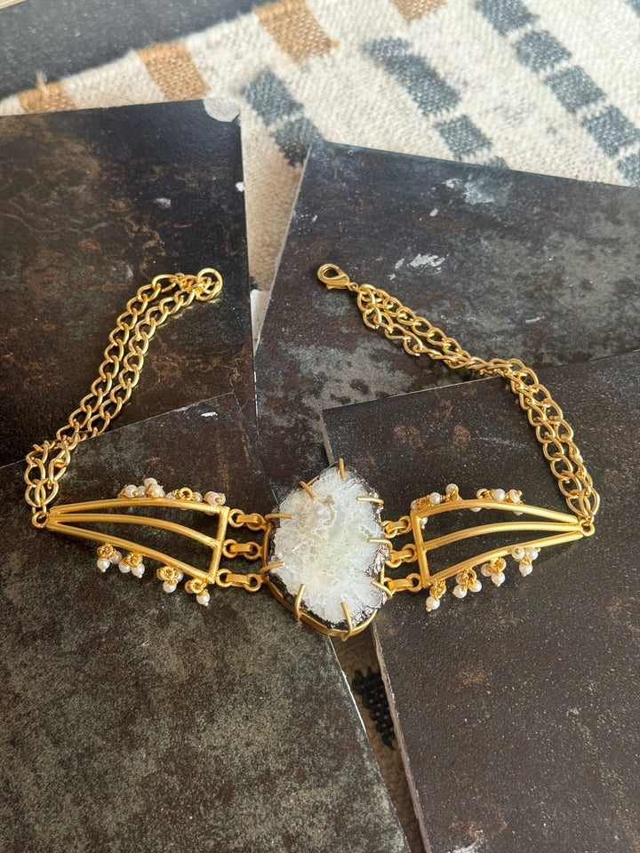 Handmade Bold Natural Quartz and Pearls Statement Choker | Brass Adjustable Lobster Claw Jewelry
