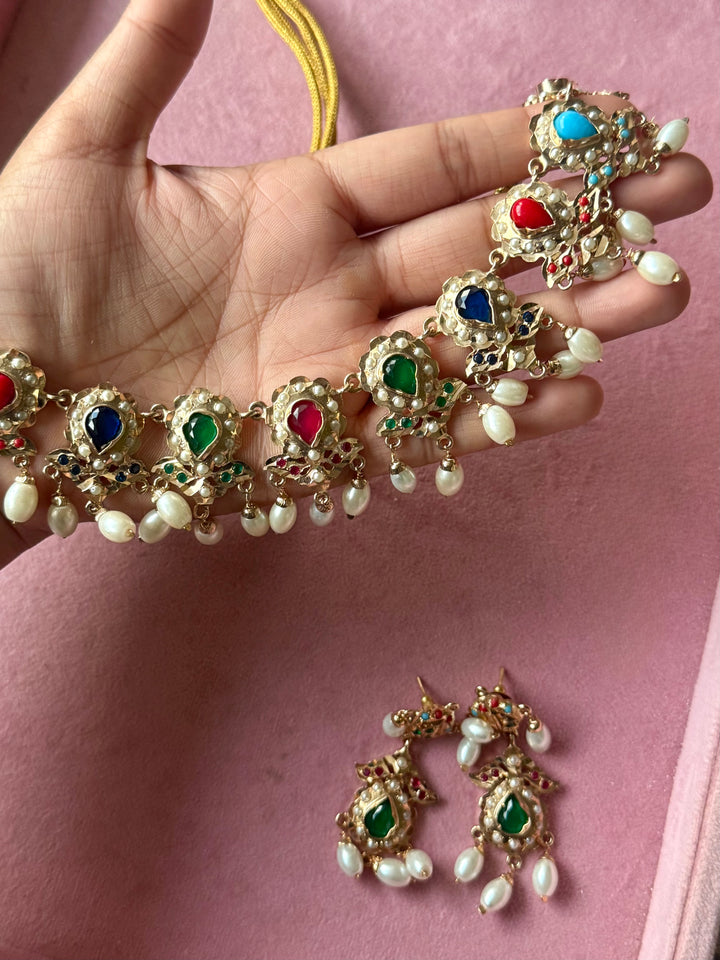 Statement Jadau Necklace Set | 18k Gold Plated | Copper & Semi-Precious Stones