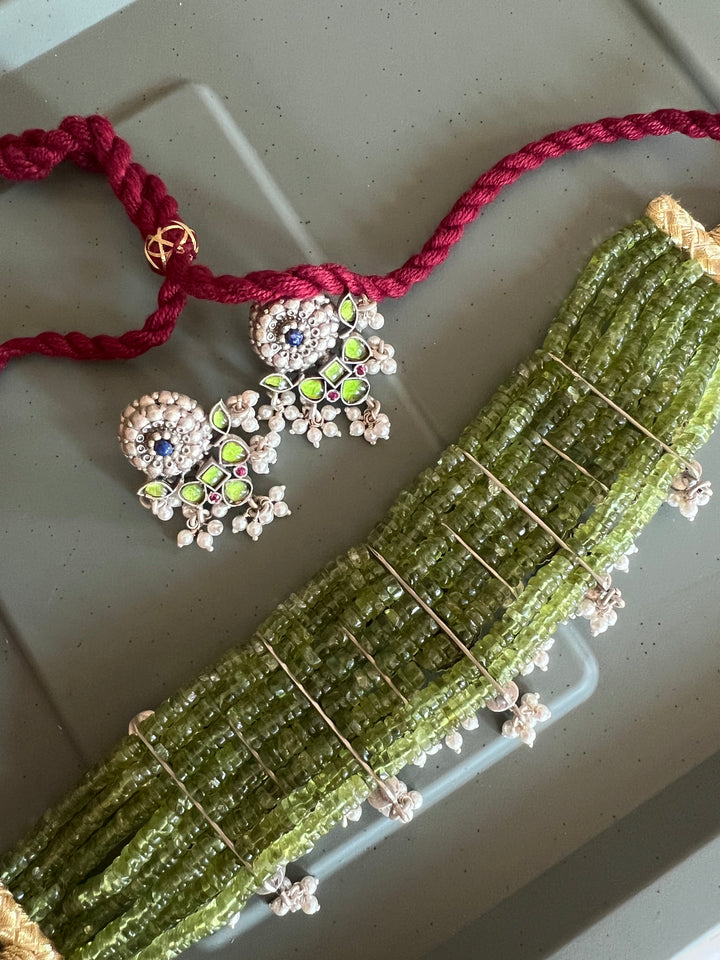 Elegant 925 Silver Peridot Kundan Choker Necklace Set with Beautiful Embellishments