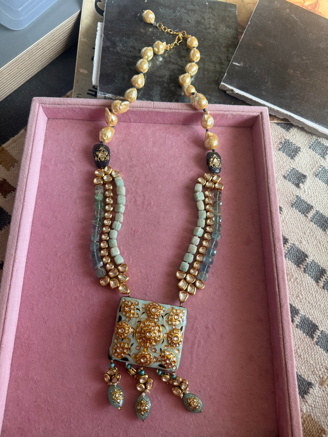 Handmade Kundan Meenakari Necklace & Earrings: Baroque Pearl, Amazonite
